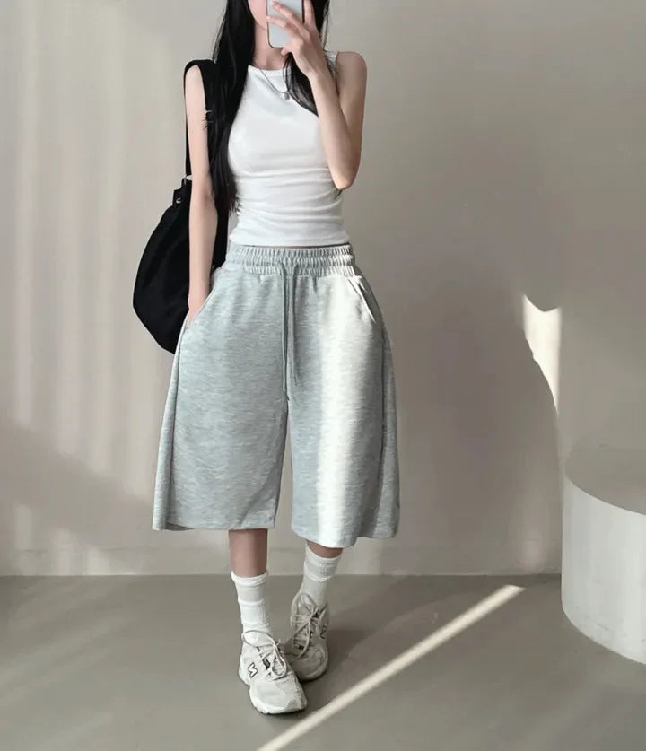 Summer Drawstring Wide Leg Shorts Women Fitness Running Loose Casual Large Sports Shorts Sweat Short High Elastic Lace Up Pants