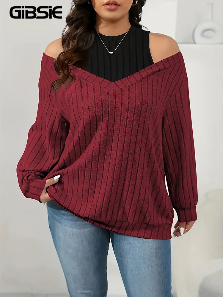GIBSIE Plus Size Cold Shoulder 2 In 1 Rib-knit Tee Women 2025 Spring Fall Casual Loose O-Neck Long Sleeve T-Shirts Top Female