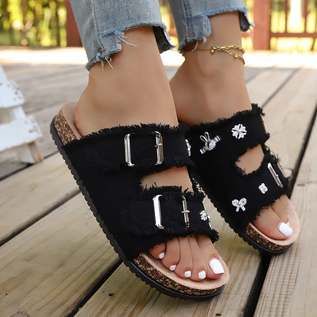Denim Women Slippers Buckled Fringe Hem Double Strap Slippers Comfortable Sandals Slip-on Beach Shoes Ladies Casual Slides Women