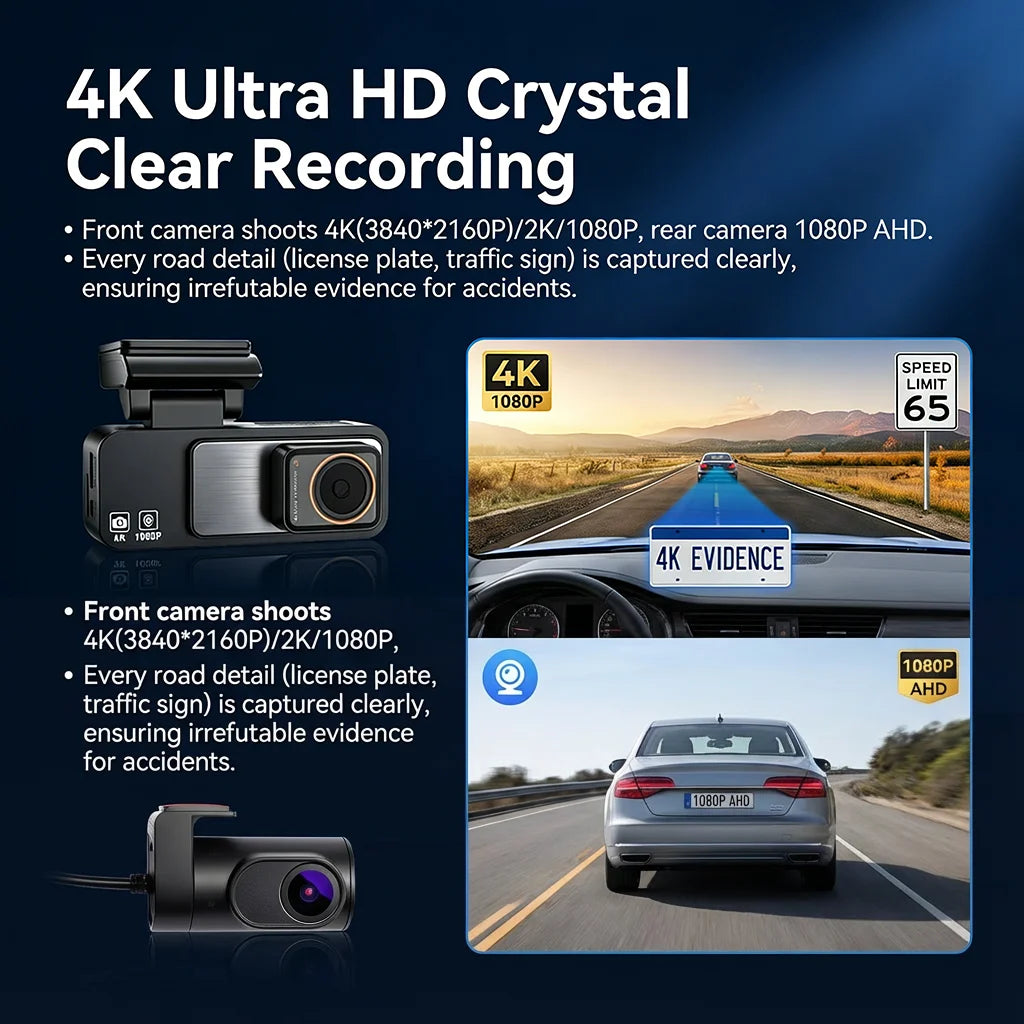 Dash Cam Dual Lens 4K UHD Recording Car DVR GPS WDR Night Vision Video Recorder Wi-Fi Room Black Box 1080P Rear View Camera