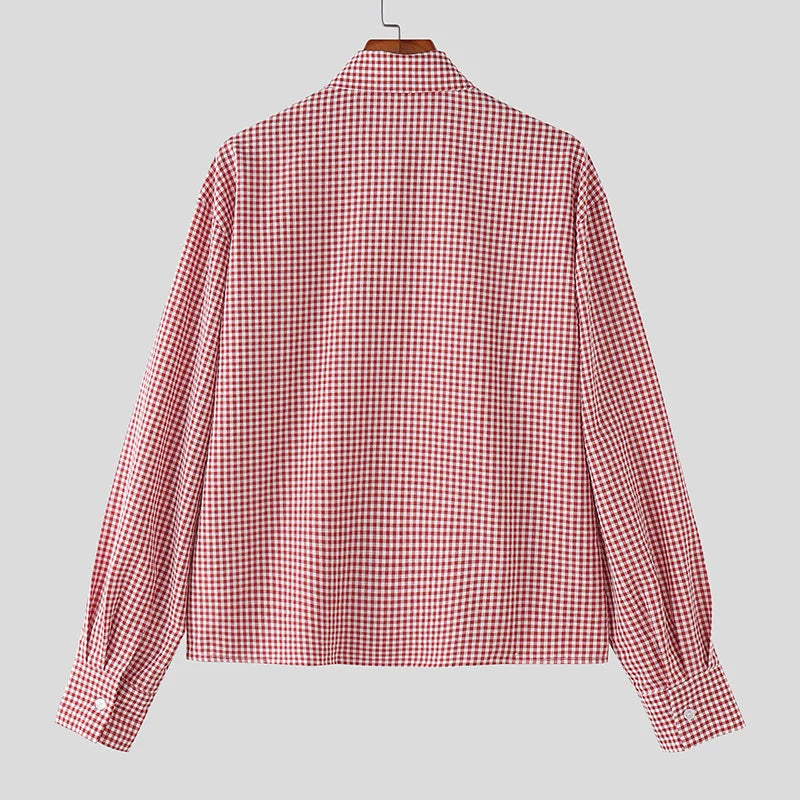 INCERUN Men Plaid Shirt Lapel Long Sleeve Patchwork Loose Men Clothing Streetwear 2026 Spring Fashion Casual Tops Male Shirts