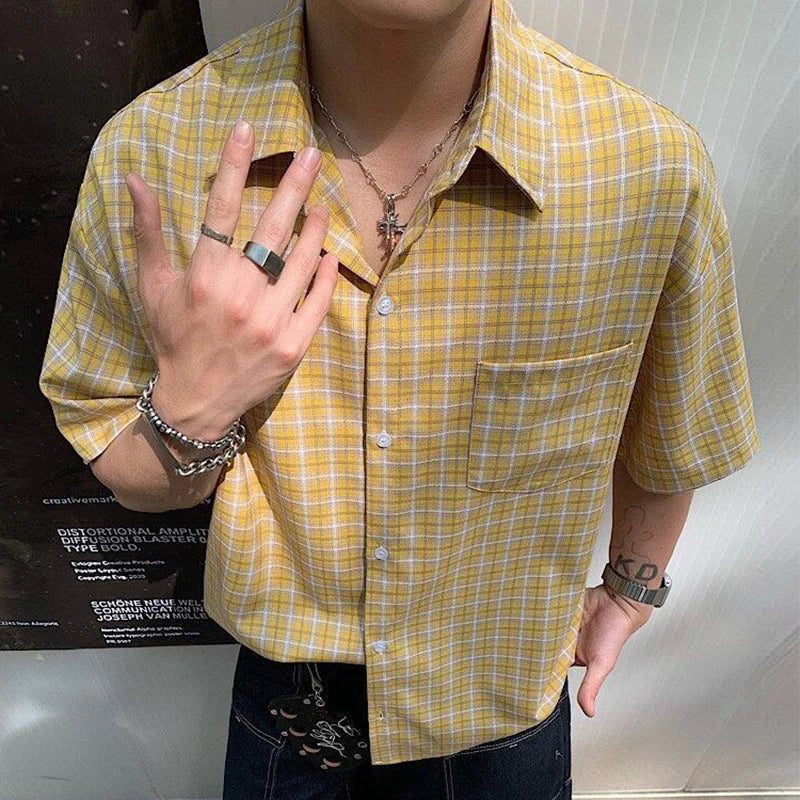 2025 Summer Stylish Short Sleeve Shirt Men's Streetwear Vintage Button-up Turn-down Collar Shirts Trendy Men Plaid Printed Shirt