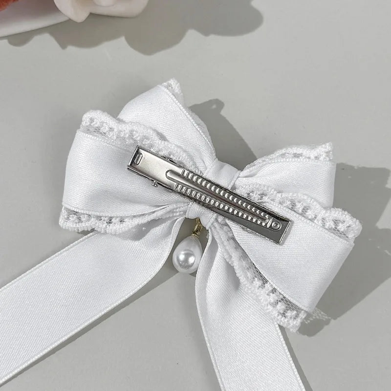 4pcs Pearl Lace Bow Hair Clip, Multi-color Satin Lolita Headpiece, Retro Sweet and Beautiful Style Hair Accessory