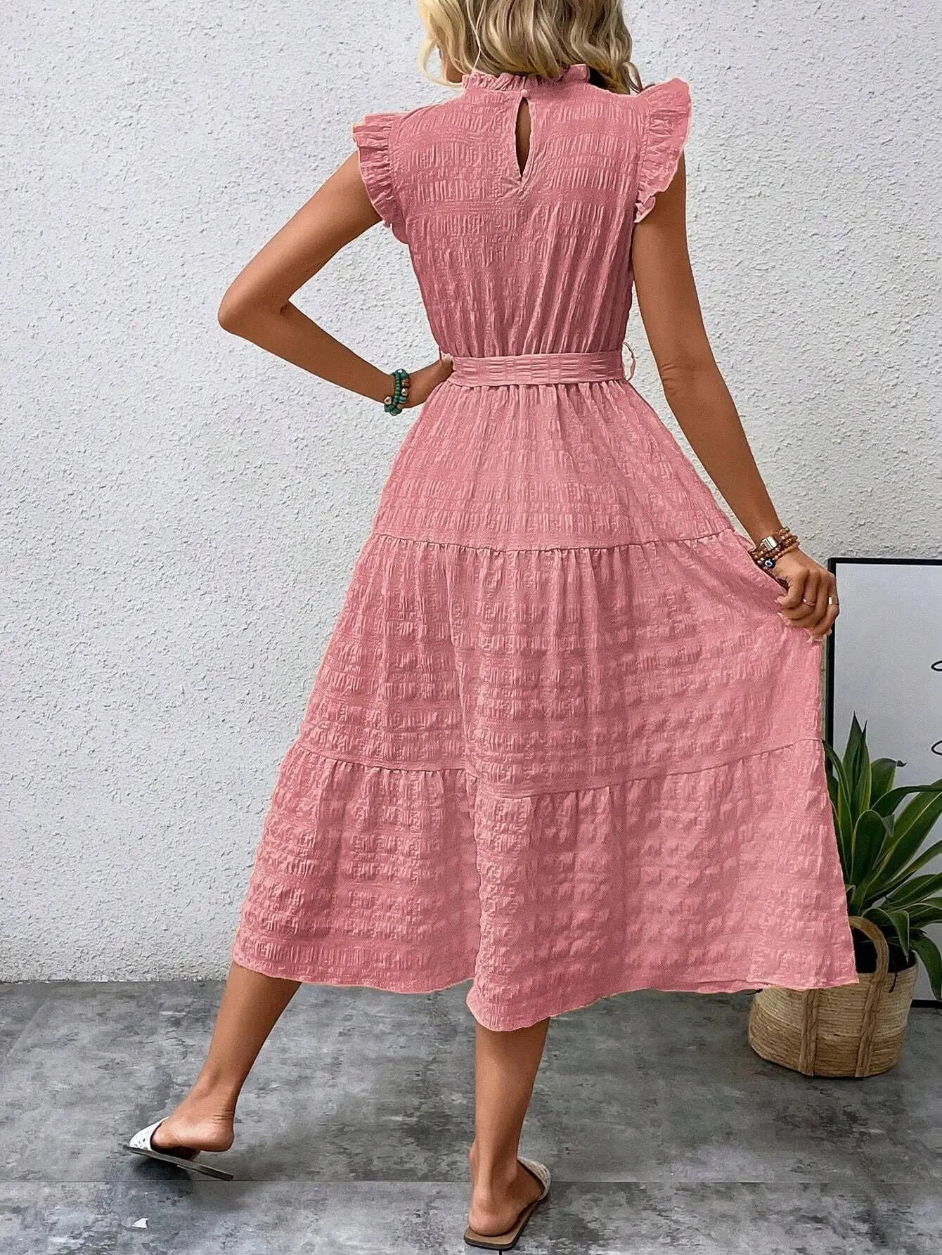 Elegant Women's Summer New Fashion Wooden Ear Edge Flying Sleeve Lace Up Texture Dress Purple  Sleeveless Lace Up Long Dresses