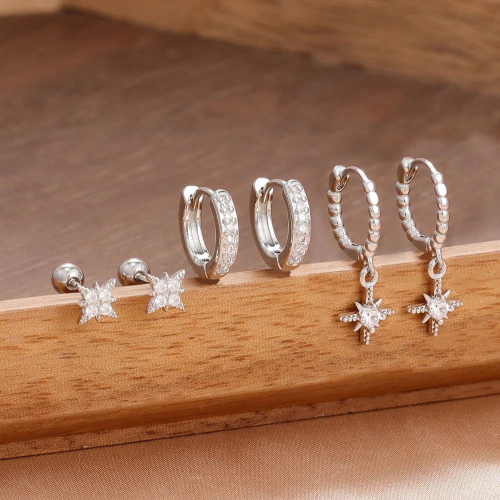 3 Pairs Stainless Steel Zircon Hoop Earrings Set Trendy Twinkle Star Ear Stud Earring Jewelry Prevent Allergy Party Accessories