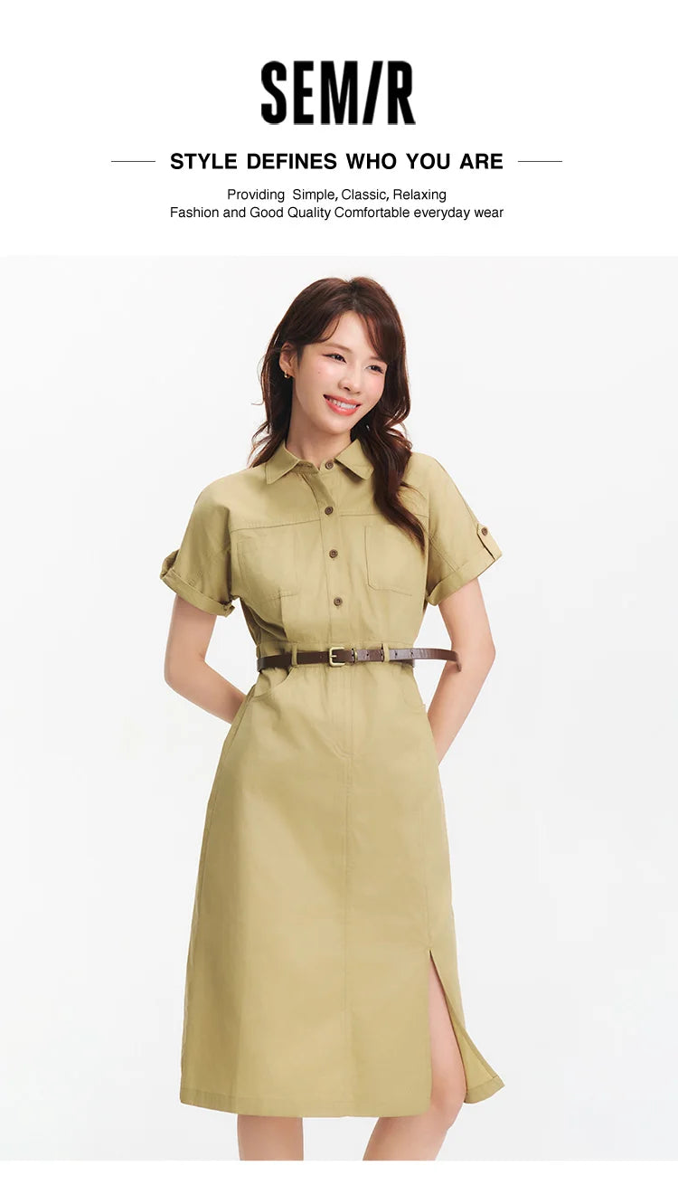Semir Women Dress Shirt Collar Cotton Slit Midi Belt Slim Vintage Urban Workwear 2026 Summer Fashion Office Top