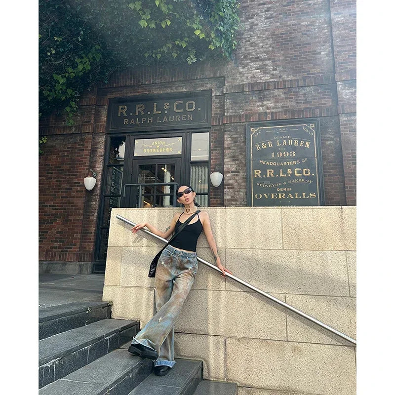Vintage Washed Baggy Jeans Women Y2K Harajuku Streetwear Loose Wide Leg Denim Pants High Waist Retro Distressed Jeans Outfit y2k