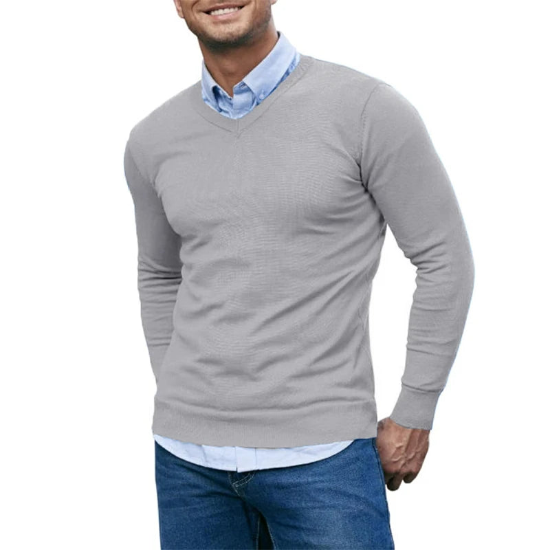 Men's V Neck Sweater Knitted Pullover Casual Soft Lightweight Long Sleeve Dress Sweater Autumn Breathable Slim Fit Sweaters