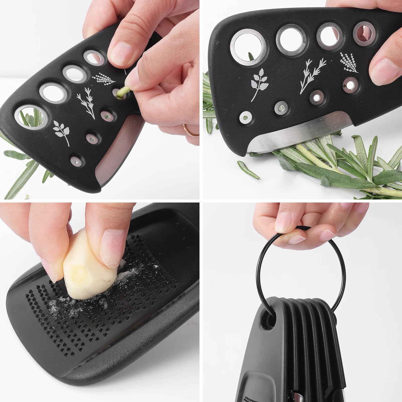 Stackable Kitchen Gadgets 6-Piece Melon Grinder Herb Cutter Garlic Grinder Can Opener Cheese Grater Pizza Cutter