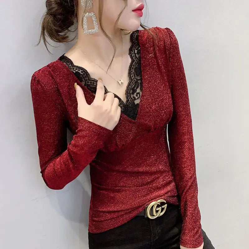 Slim Sexy Lace Spliced V-Neck Tops for Female Spring Autumn New Fashion Casual Long Sleeve Bright Silk T-shirt Women's Clothing