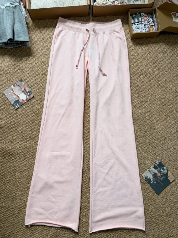 New Light Pink Drawstring Sweatpant Woman Spring Raw Hem Low Waist Straight Long Pants Casual All-match Cotton Sport Trousers