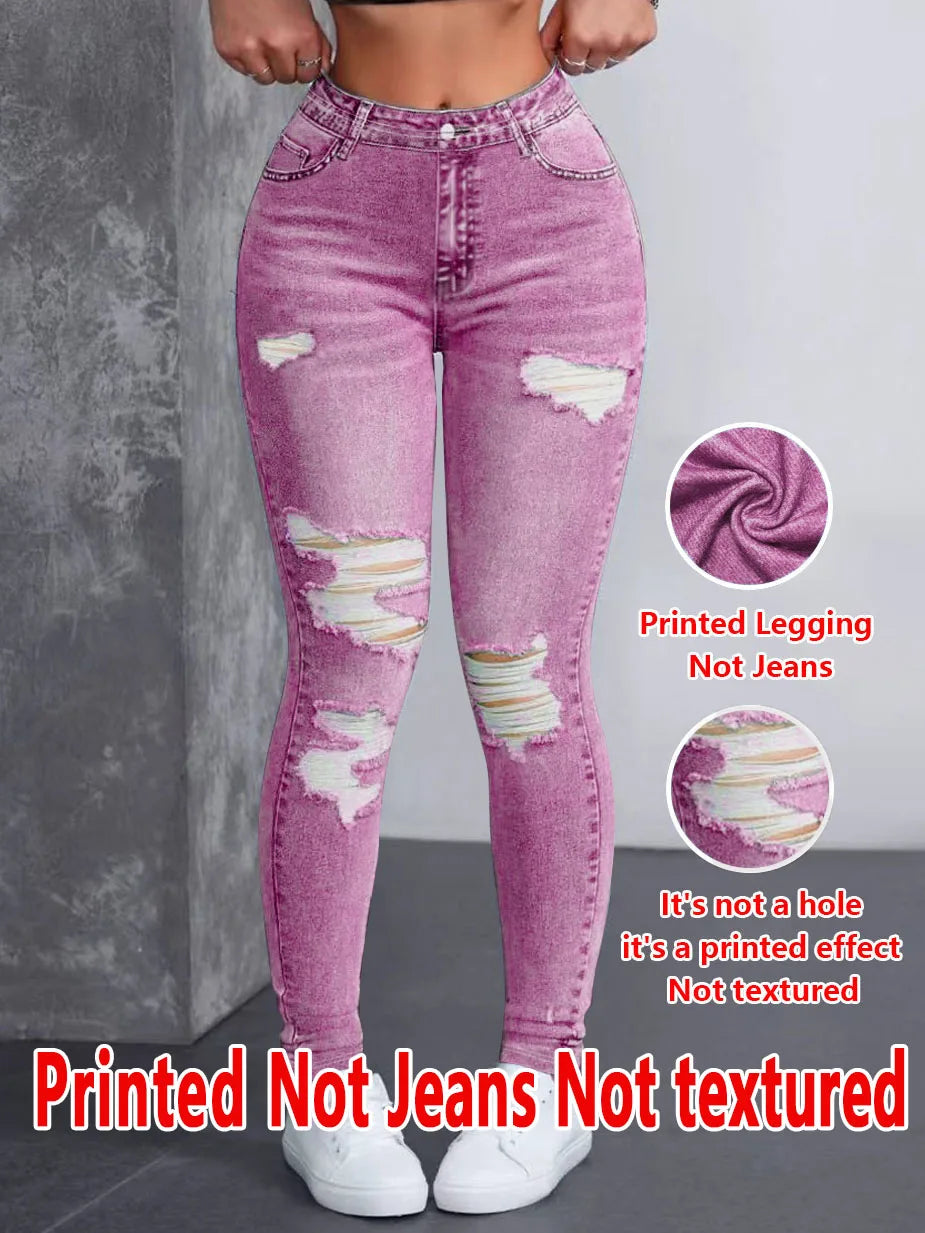 1278 [Printed Pants - Not Denim Fabric] Women's High-Stretch Imitation Denim Distressed Oversized Pants - Wide-Look for Skinny