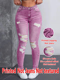 1278 [Printed Pants - Not Denim Fabric] Women's High-Stretch Imitation Denim Distressed Oversized Pants - Wide-Look for Skinny