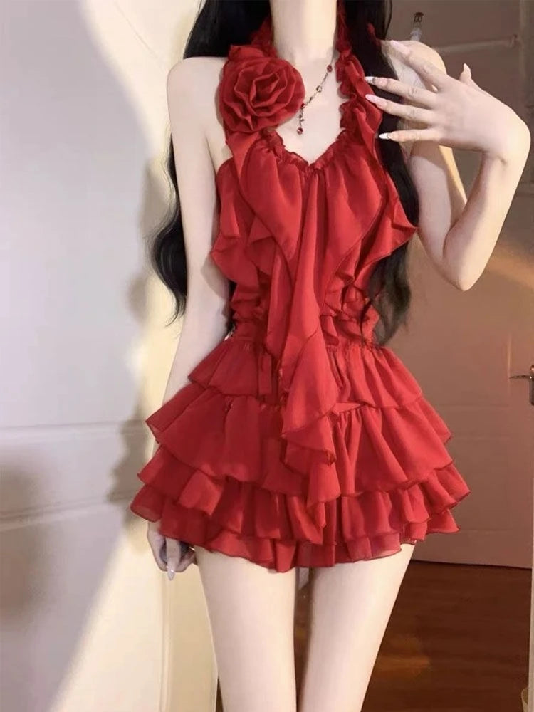 Sexy Ruffled Slim Fit Halter Women's Tops Mini Skirt 2 Piece Set Hot Girl Style Design Fashion Chic Party Evening Party New
