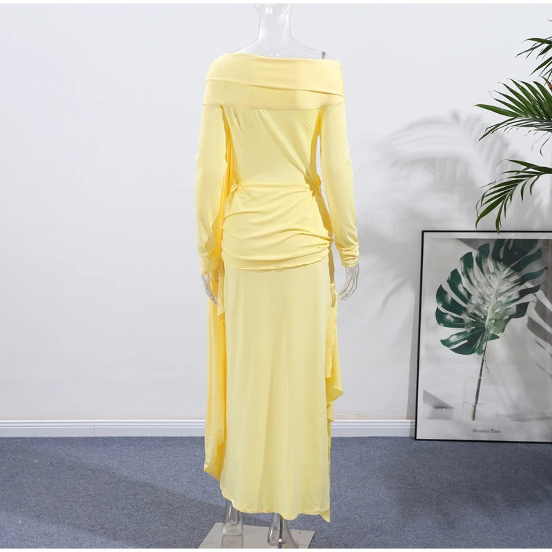 Yellow Pleated Off-shoulder Ribbon Dress Women's Sexy Lace Up Full Sleeve Bodycon Dresses 2025 Autumn New Elegant Party Vestidos