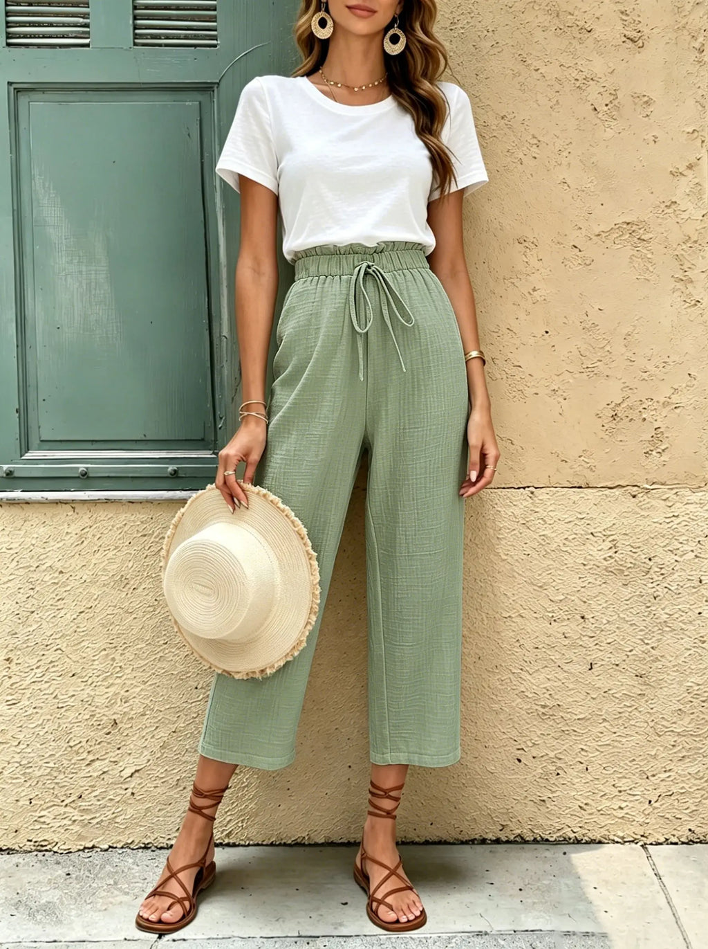 Women's Casual Wide Leg Cropped Pants | Elastic Waist Drawstring Trousers | Loose Flowy Summer Outfit