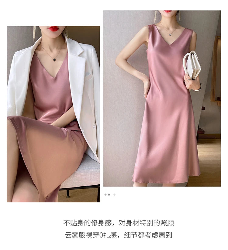 LHZSYY Silk Satin Front/Back V-neck Sling Dress Women's Sleeveless Waistcoat Top Spring Summer New Mulberry Silk Hip Long Skirts