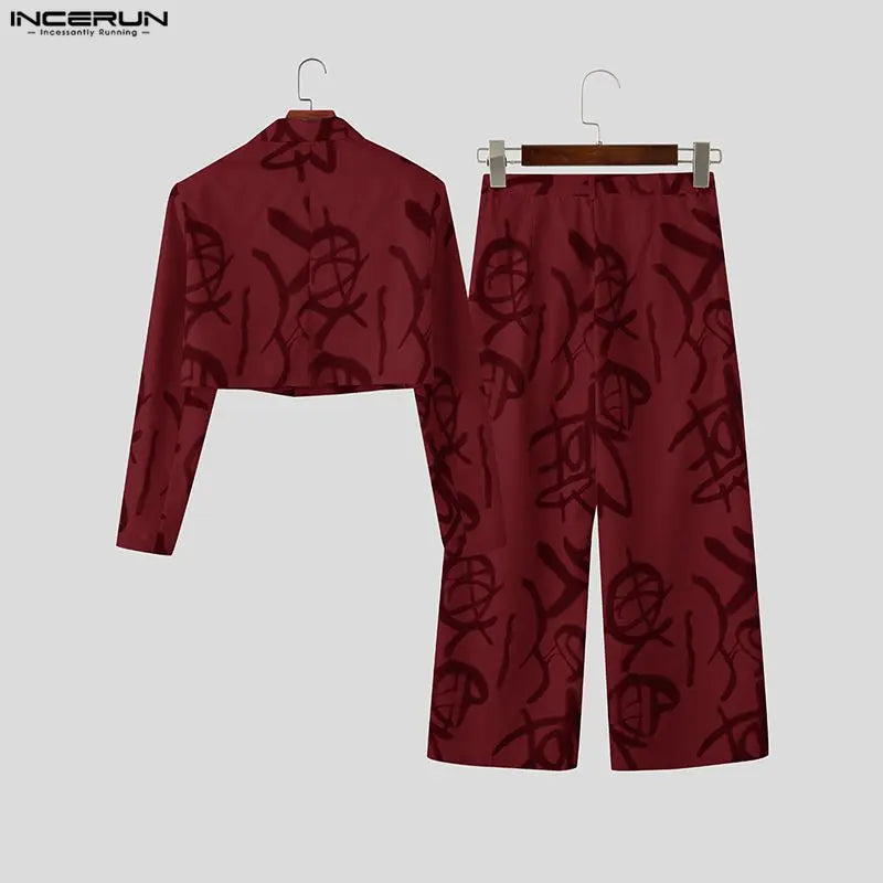 INCERUN Men Sets Printing Lapel Long Sleeve Crop Blazer & Pants Two Pieces Sets Streetwear Personality Fashion Men Casual Suits