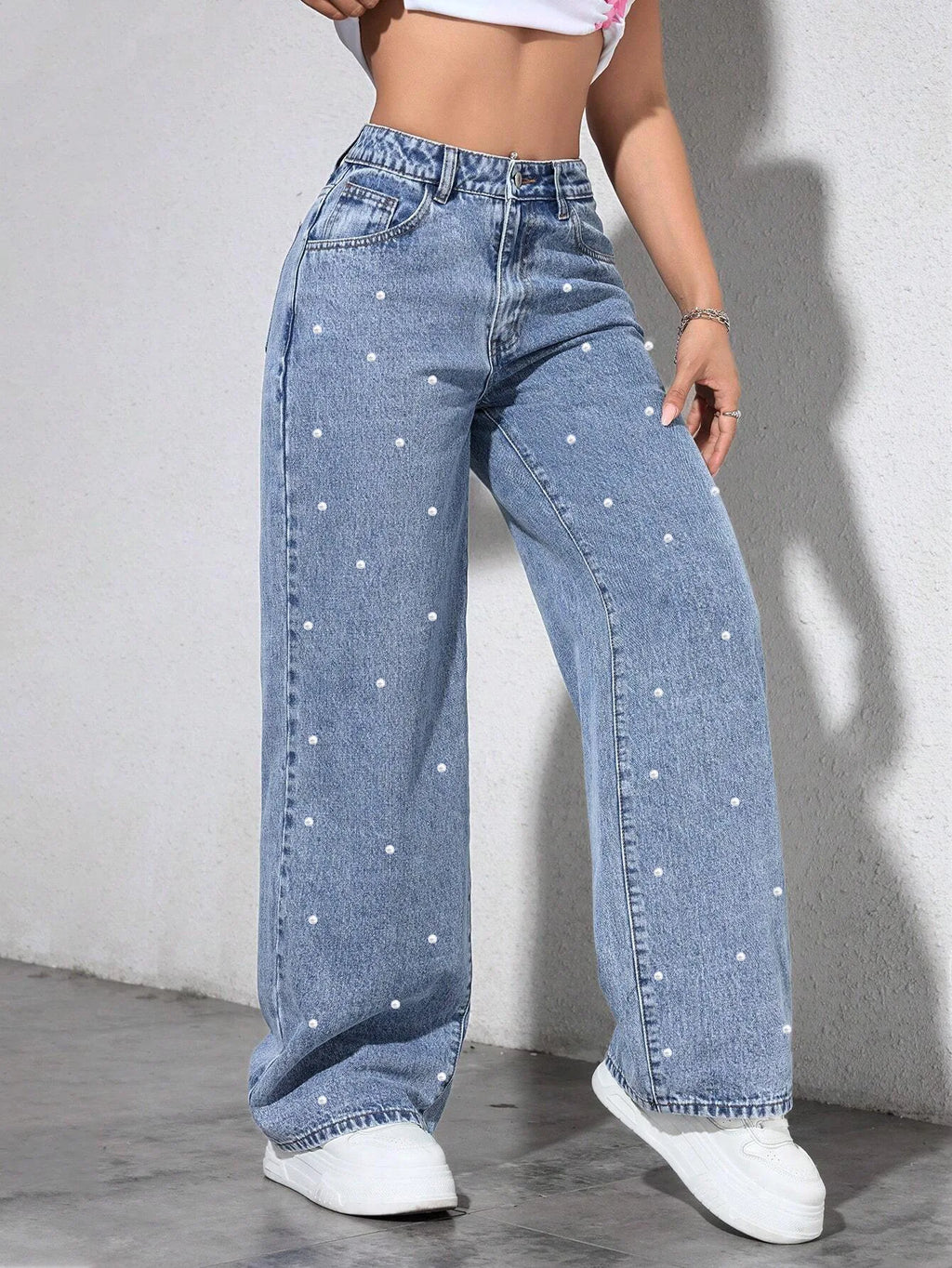 Fashionable Casual Rhinestone Frayed Straight Leg Jeans Women's Long Pants Cotton Natural Waist Comfortable Fit Spring Season