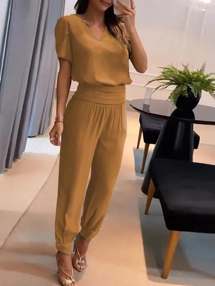2025 New Long Pant Sets Summer Fashion Casual V-neck Print Short Sleeve Trousers Suit Two-piece Set 2 Piece Sets Women Outfit