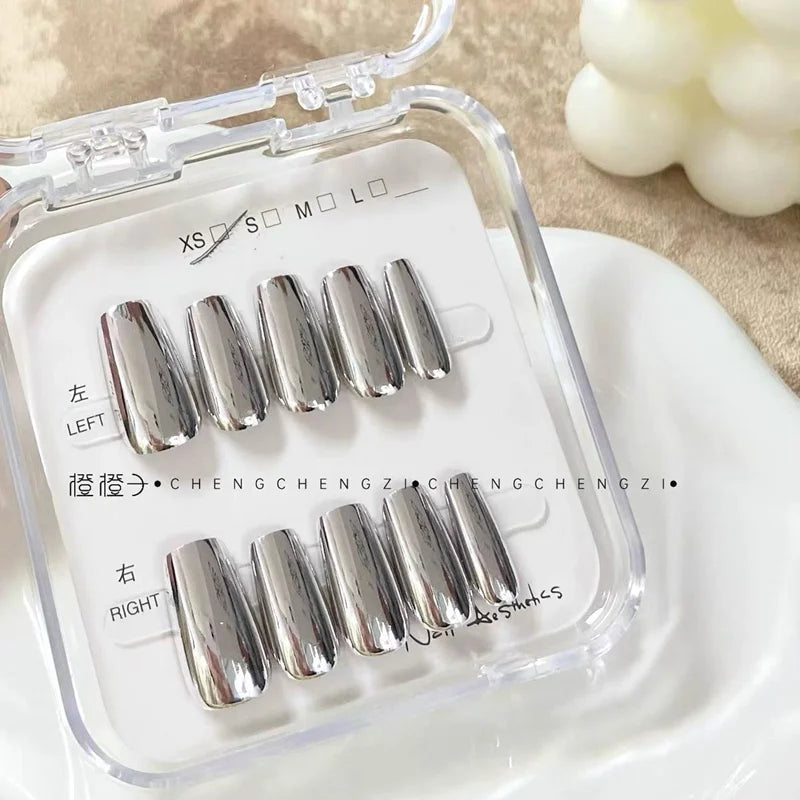10PCS Metal Handmade Press on Nails Acrylic Magic Full Cover Fake Nails Reusable Adhesive Silver Artificial Cool Manicure Art