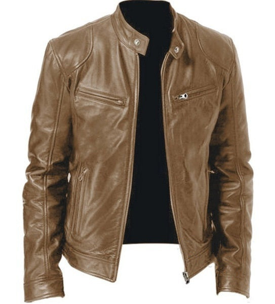 2023 Fashion Mens Leather Jacket Slim Fit Stand Collar PU Jacket Male Anti-wind Motorcycle Lapel Diagonal Zipper Jackets Men