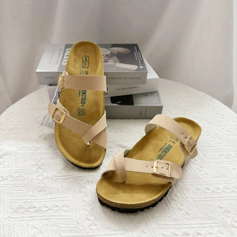 Summer Ins Hot Slippers New Women Cork Clogs Slippers Footbed Beach Sandals Outdoor Suede Clogs Sandals with Adjustable Buckle
