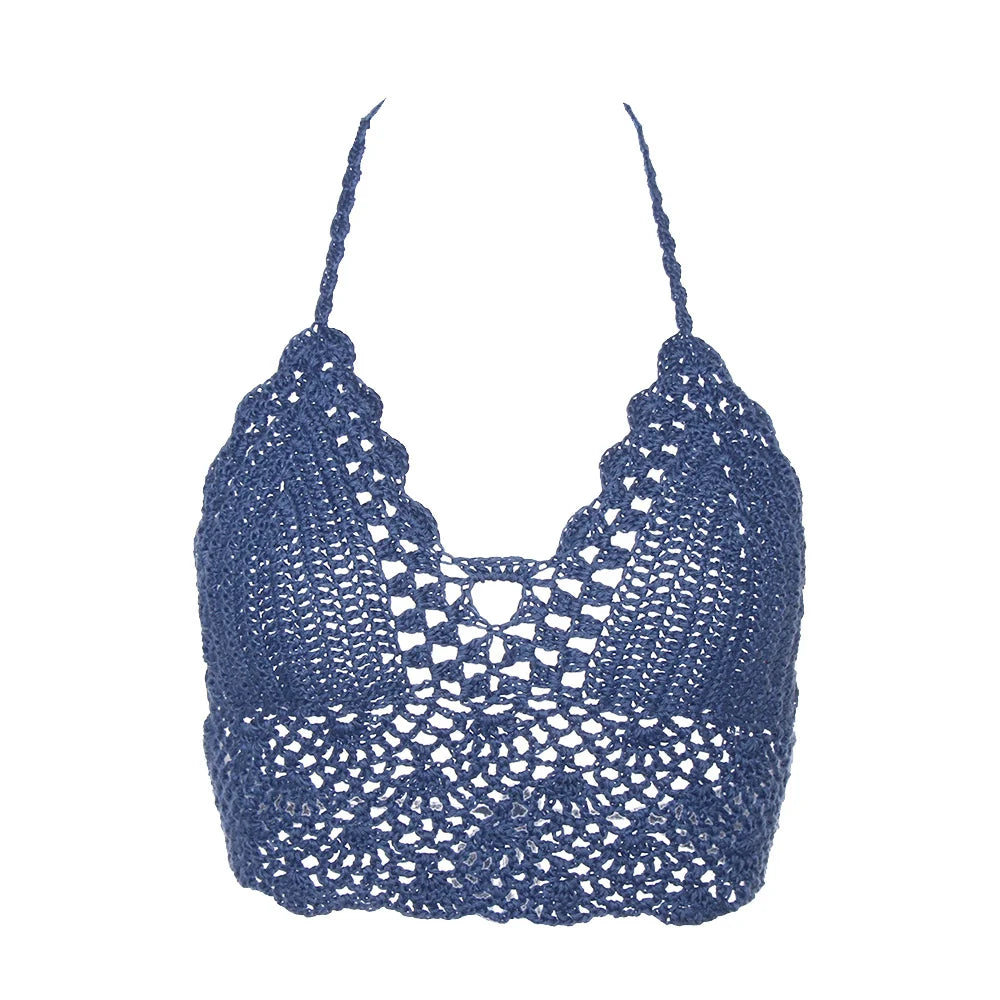 Women Summer Sexy Bikini Crochet Crop Top Boho Beach Camisoles Knit Bralette Bra Halter Neck Vest Holiday Beachwear