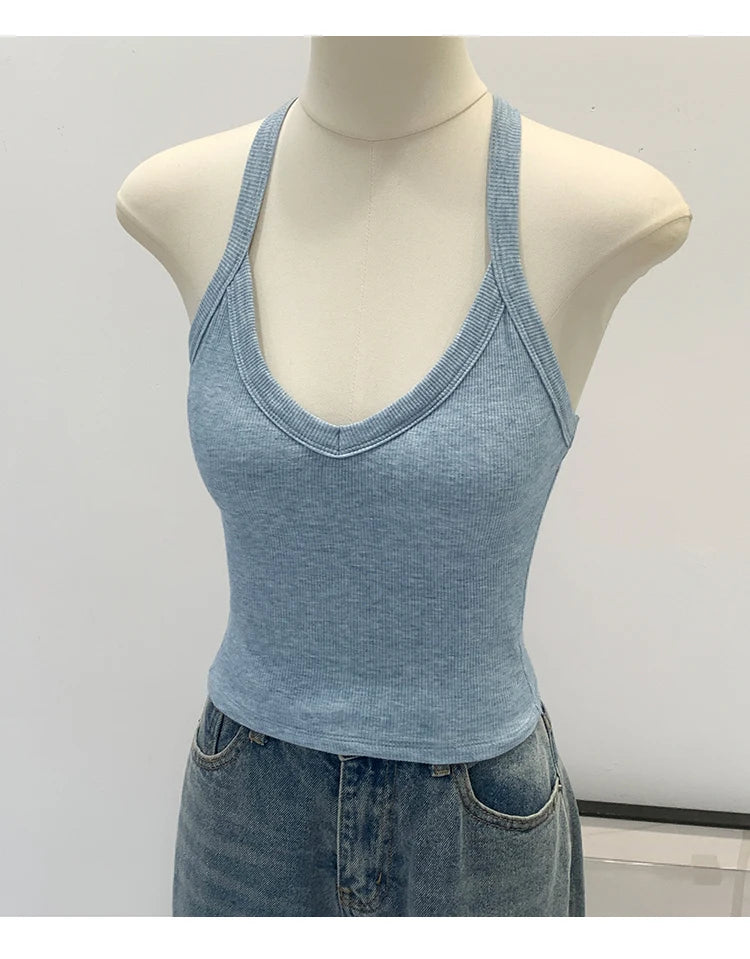 American Style Sexy V-neck Neck Hanging Vest Women's Slim Fit Summer New Unique Beautiful Small Strap Nylon Fabric Breathable