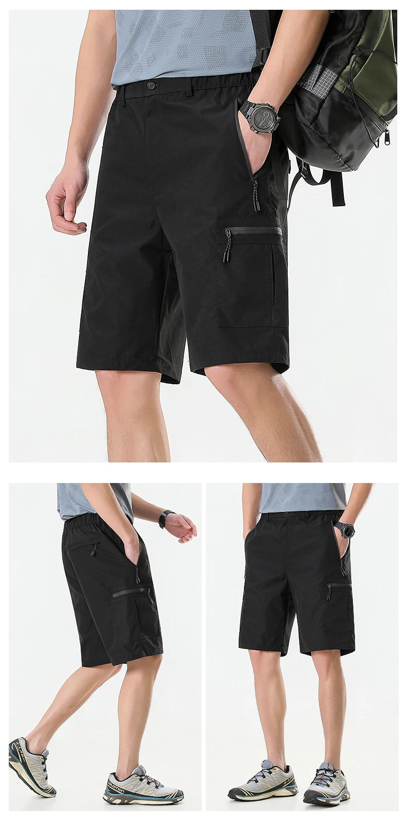 Mens Cargo Shorts Knee Pants Zipper Pocket Summer Quick Dry Shorts Climbing Jogger Elastic Waist Sports Wear