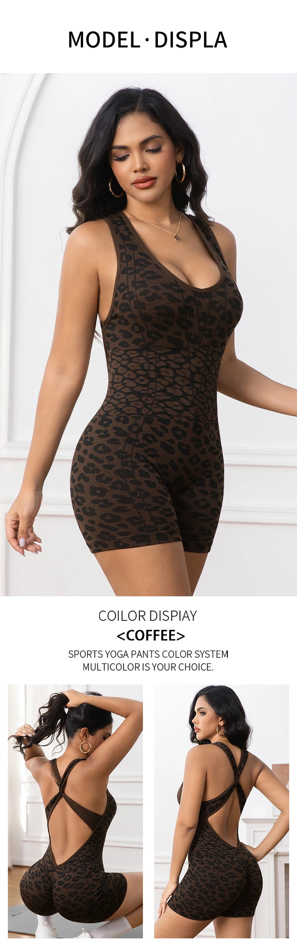 Women Leopard Print Seamless Bodysuit Yoga Cross Back Jumpsuit Workout Romper High Stretch Fitness Tummy Control Onesies