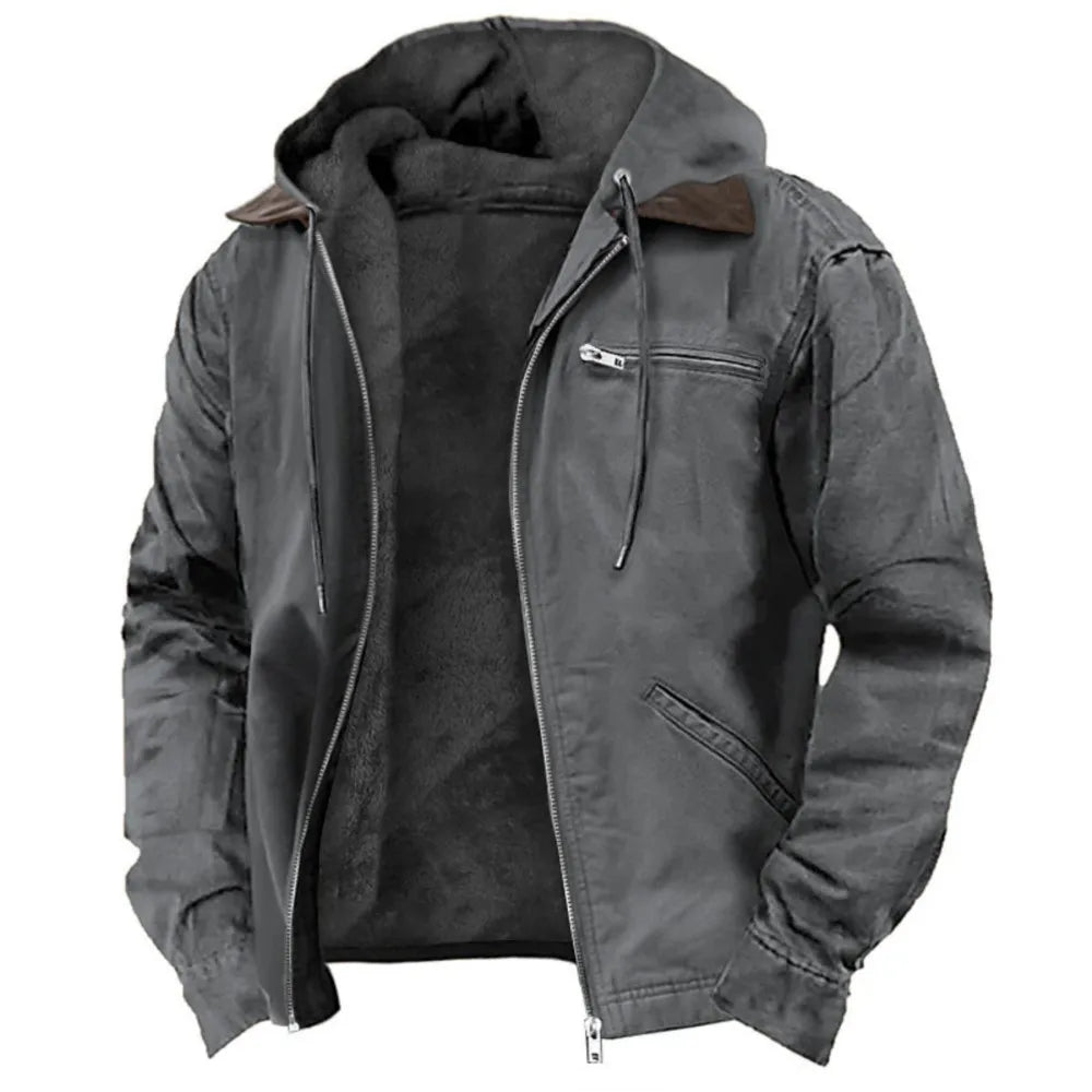 European and American Men's Autumn and Winter Casual Hooded Zipper and Fleece Warm Jacket With Multiple Pockets Outdoor Jacket