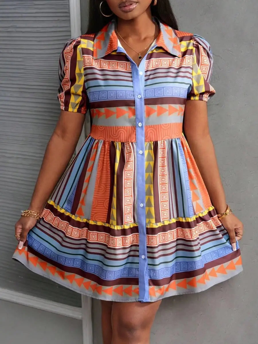 Fashionable Print Ethnic Style Women's Dress Stand Collar 3/4 Sleeve Loose Fit Midi Dress Polyester Cotton Blend Sleeve