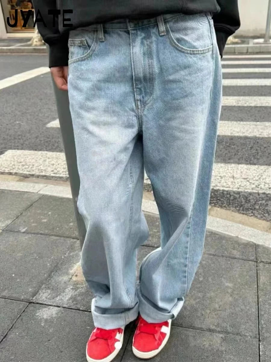 American Vintage Distressed Jeans Women Summer High Waist Pockets Straight Denim Pants Streetwear Loose Retro Baggy Trousers Y2K