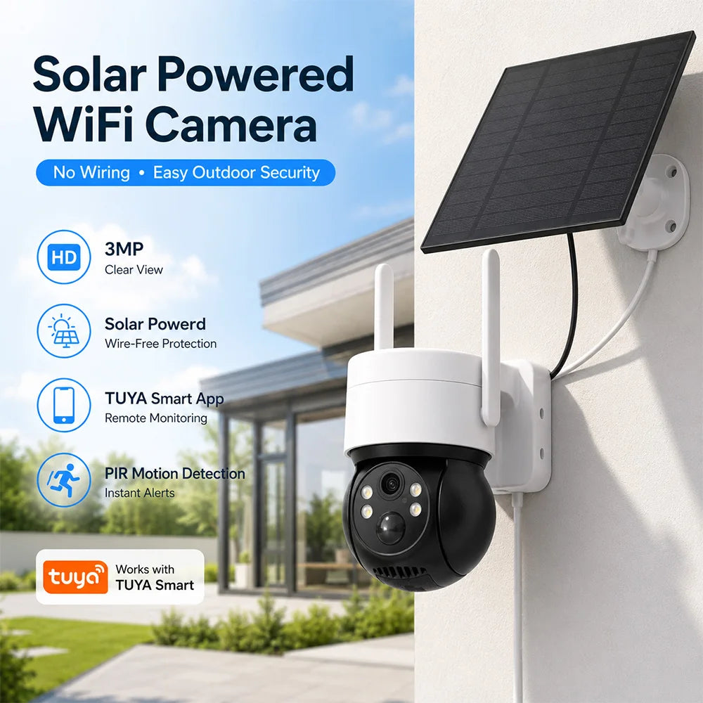 Solar WiFi Camera 3MP TUYA Smart Outdoor PTZ Security Camera Solar Powered 2-Way Audio Full Color Night Vision PIR Alerts IP66