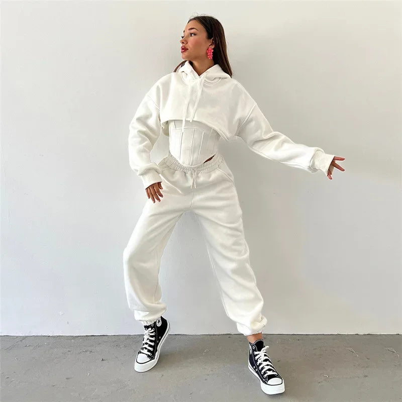 Y2K Sexy Sportswear Women's 3 Piece Set Long Sleeved Hooded Cardigan+slim Fit Strapless Vest+straight Leg Wide Pants