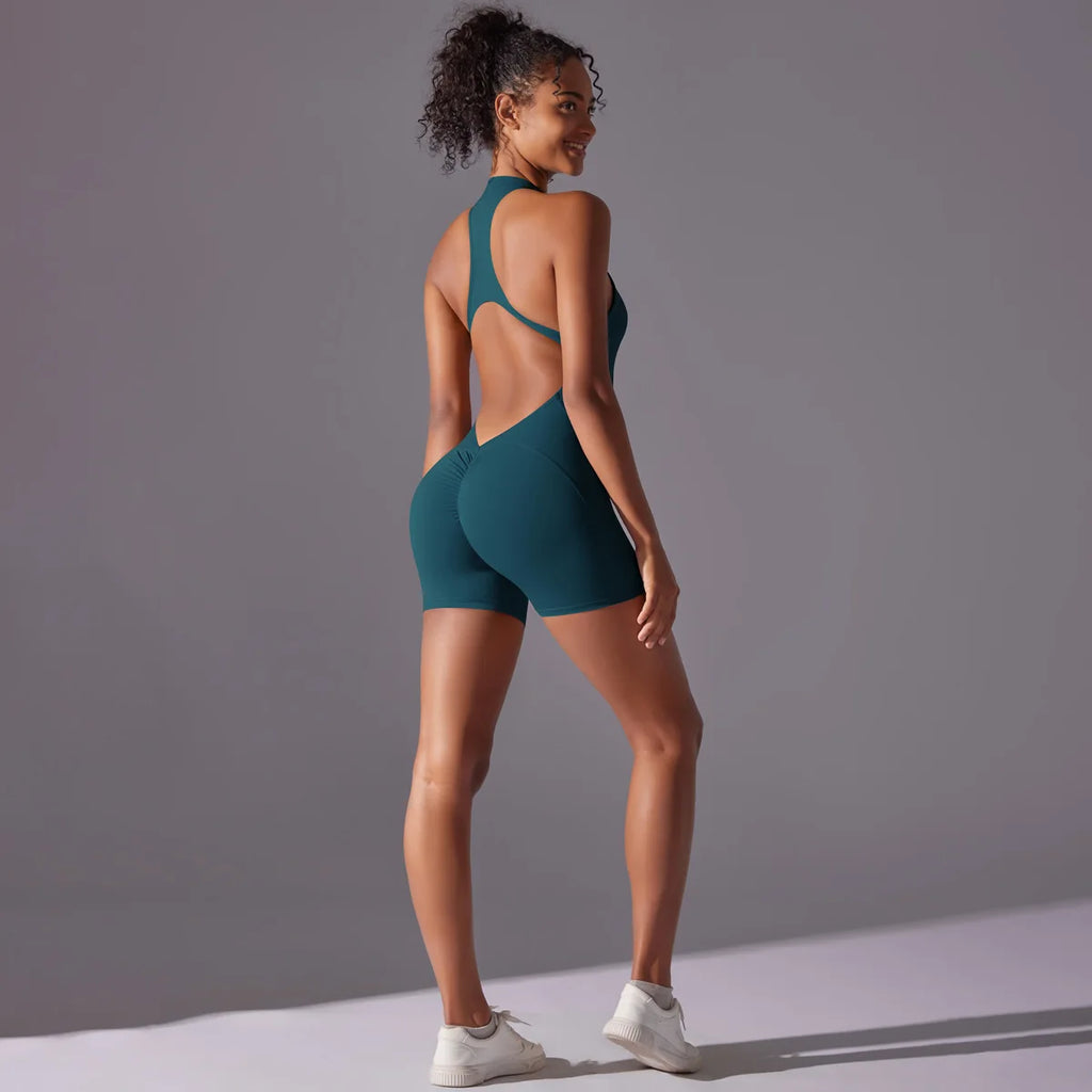Women's High Neck Zip-Up Yoga Bodysuit, Sleeveless Hollow Back Scrunch Butt Lifting Romper, Buttery Soft Workout Activewear