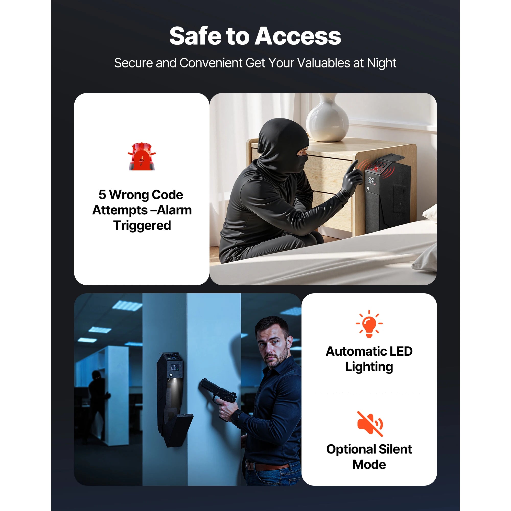 SucceBuy  Safe Slider Safe with Screen Fingerprint/Password/Key 3-Way Quick Access Case Box with LED for Nightstand Bedside Desk