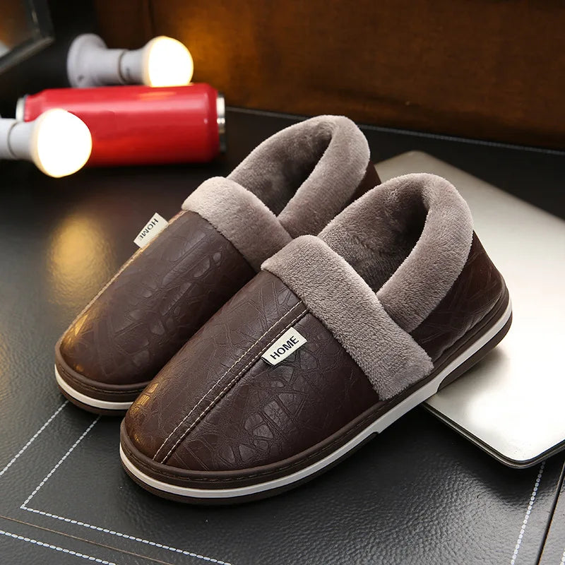Big Size 50-51 Men Slippers Winter PU Leather Warm Indoor Waterproof Home Furry Flats Couples Slides Bedroom Non Slip Shoes