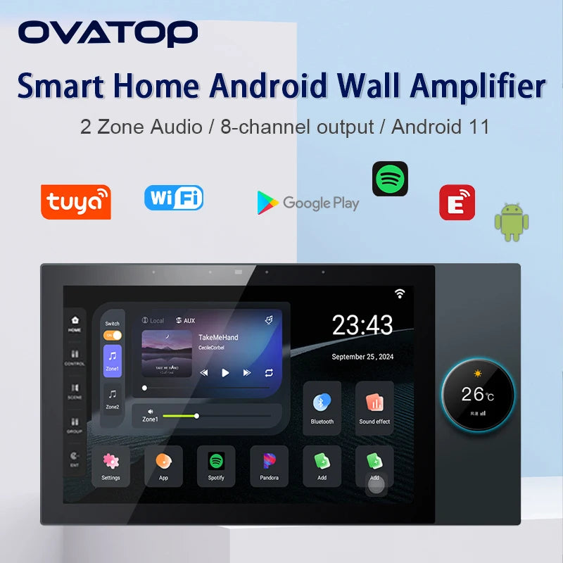 Smart Home 2 zone audio in wall Amplifier Android 11 WiFi Bluetooth sound amplificador music player 10 Inch control panel system