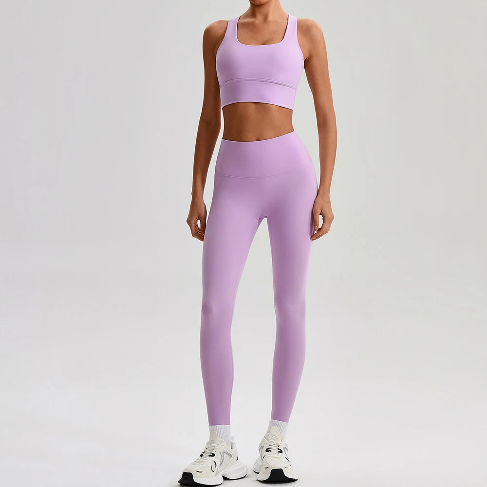 Naked Feel Yoga Set Women Fitness Sportswear 2 Piece Strappy Sports Bra High Waist Gym Leggings Workout Outfit Active Wear
