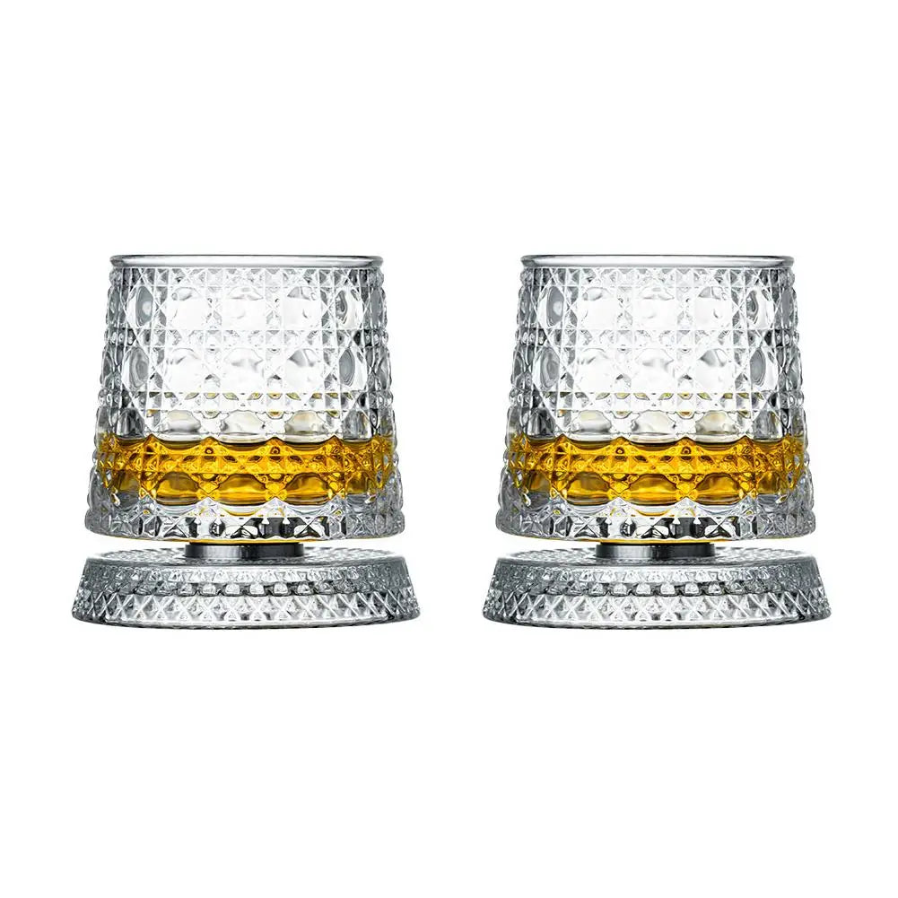 2PCS Whiskey Glasses Rotating Whisky Glass With Glass Base 360 Rotate Degrees Crystal Rum Glass For Cocktail Party Drinking Gift