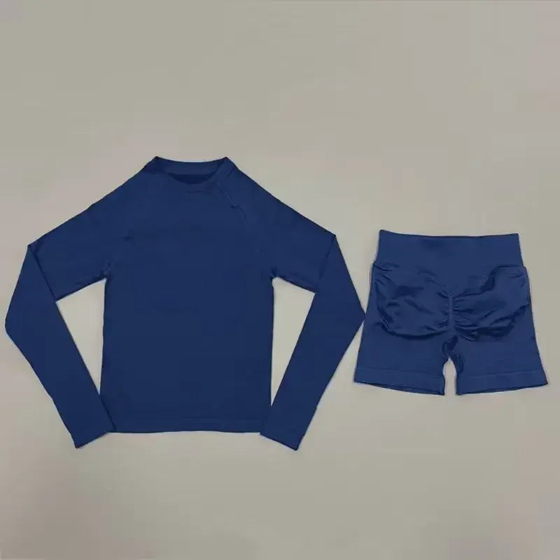 2 Piece Fitness Outfit Women Raglan Long Sleeve Crew Neck Top Hip Shaping Scrunch Shorts Stretch Soft Dance Gym Workout Set