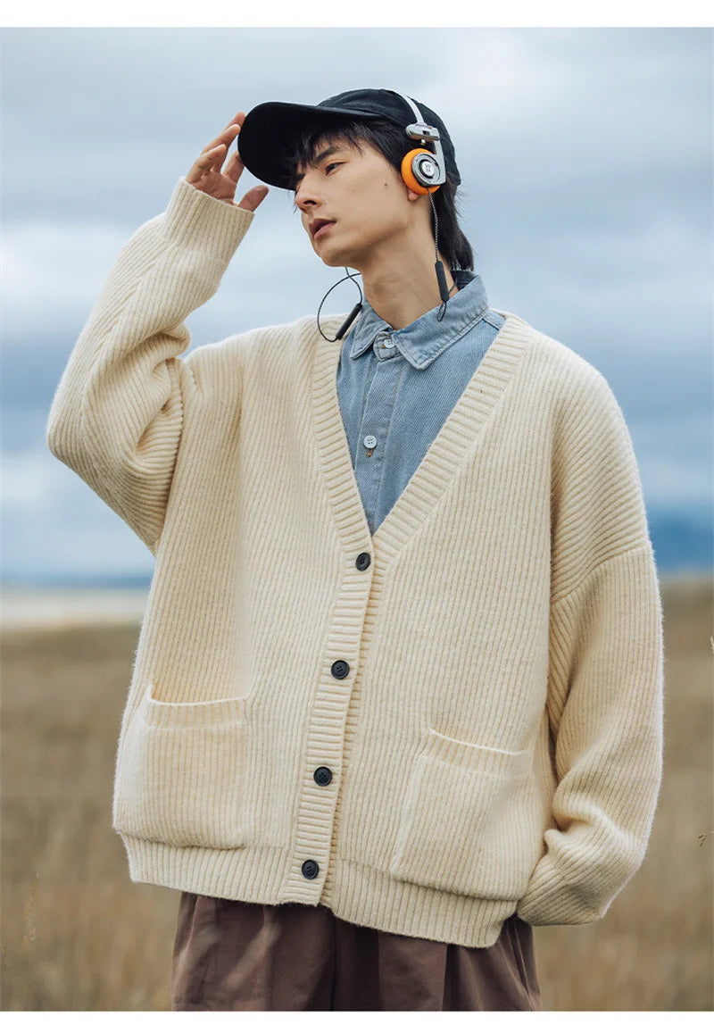 Autumn Men's Casual Textured Pockets Cardigan Y2K Vintage Streetwear V-neck Knitted Sweaters Korean Fashion Cardigans Hombre