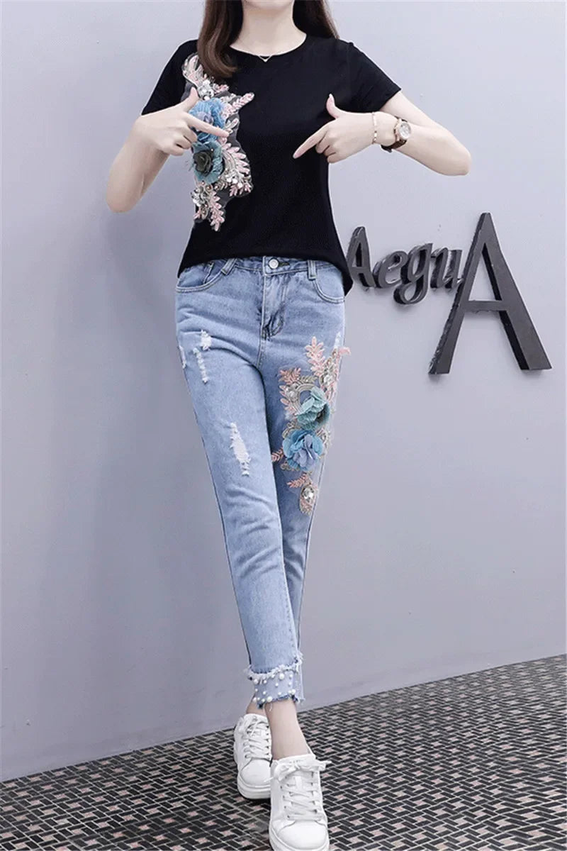 Two-Piece Suit 2025 Summer New Women Denim Pants Beading Embroidery Tshirt Tops+ High Waist Hole Jeans Female Casual Outfits