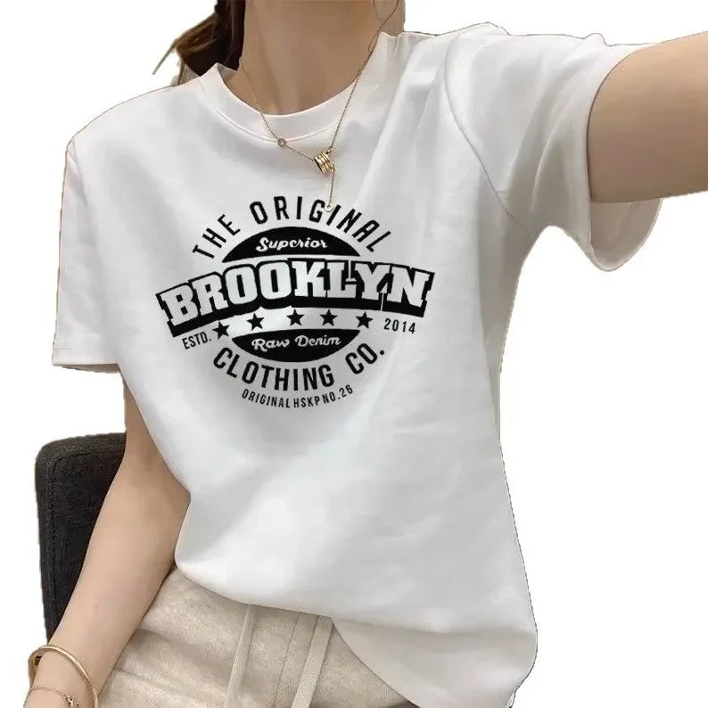 Women's Short Sleeve T-Shirt Pure Cotton Thin Summer Korean Style Loose Fit Shoulder round Neck Half Sleeve Ladies Top Versatile