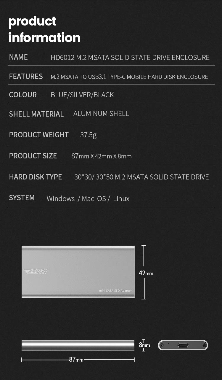 mSATA to USB 3.1 SSD Enclosure Adapter Case with USB Type C Interface for 30*50mm/30*25mm mSATA Internal Solid State Hard Drive
