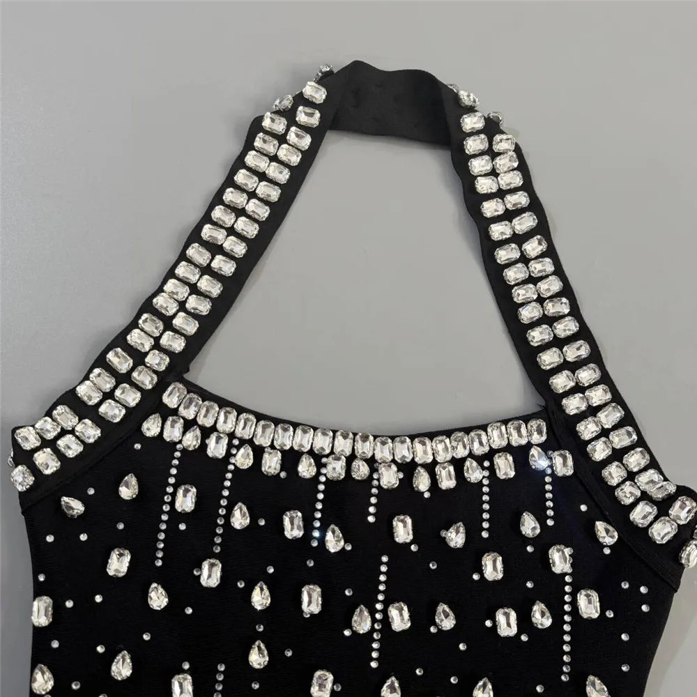 Luxury Diamond Rhinestone Women Summer Halter Bandage Dress Club Evening Party Mini Dresses