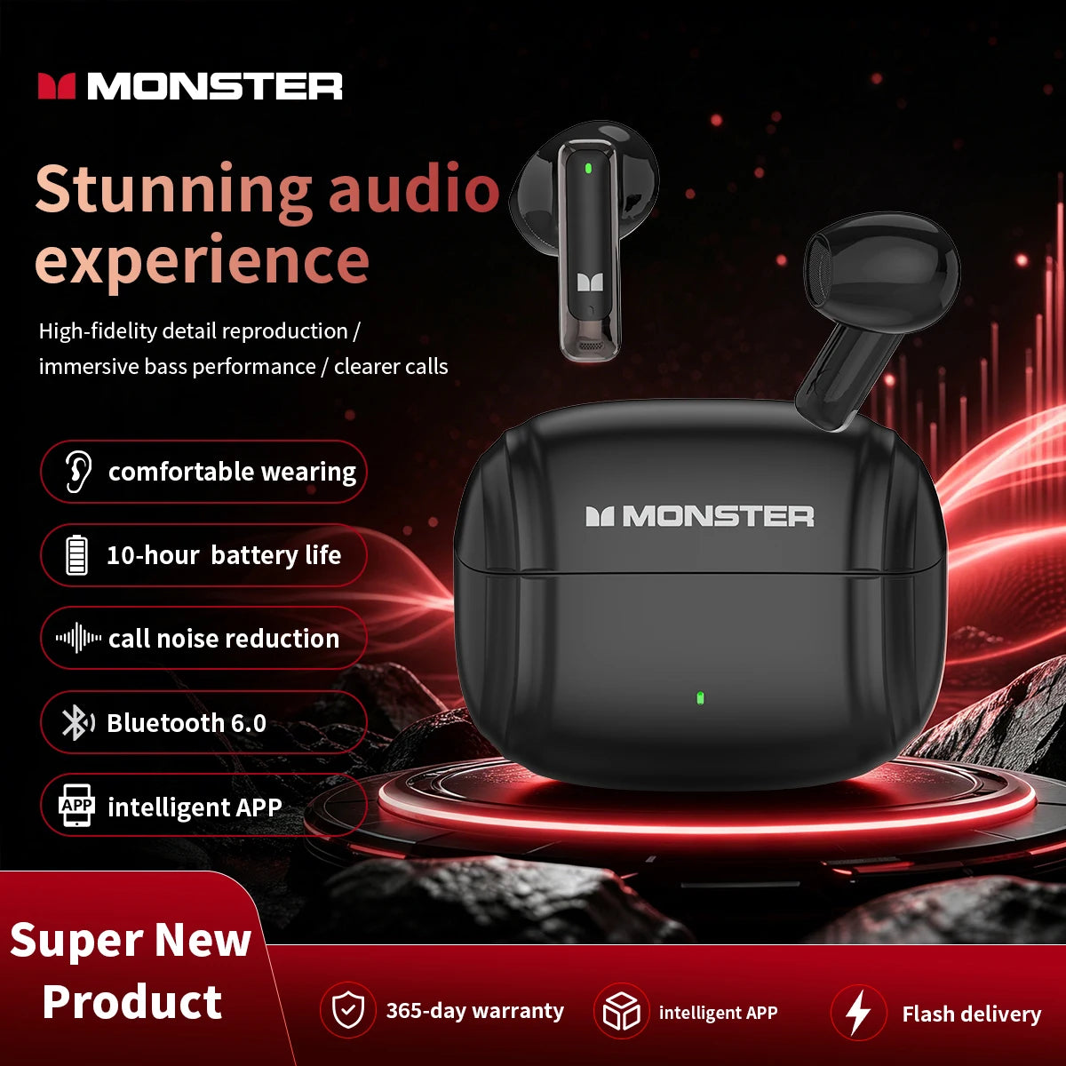 Monster Pure Aura HT10 TWS Wireless Bluetooth 6.0 Earphones Intelligent APP Custom EQ HD Noise Reduction Call Sports