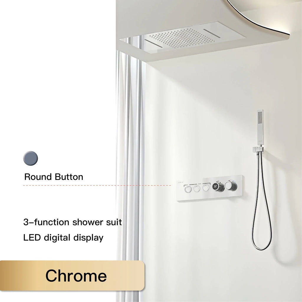 Luxury Black Brass Shower System, Wall Mounted Led Digital Display, Cold Hot Dual Control, Four Function Ceiling Shower Tap